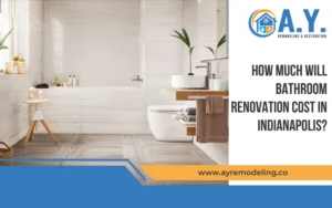 Stock photo of a modern bathroom with tub and vanity used for a blog about bathroom renovation costs in Indianapolis