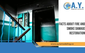 Stock photo showing a fire and smoke-damaged interior stairwell used for a restoration blog post