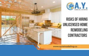 Stock image showing a kitchen renovation with framing and finished cabinetry, used for a blog about unlicensed remodeling contractors