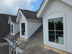 Close-up of newly installed dormer windows as part of a residential window replacement project in Fishers, Indiana