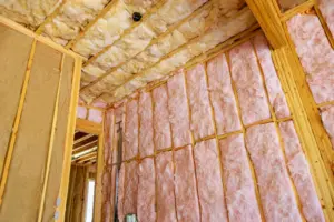 Fiberglass batt insulation installed between wall studs and ceiling framing in a residential home