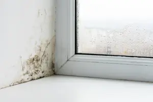 Black mold growth around a window frame caused by condensation and excess moisture, requiring professional mold remediation services in Indiana.