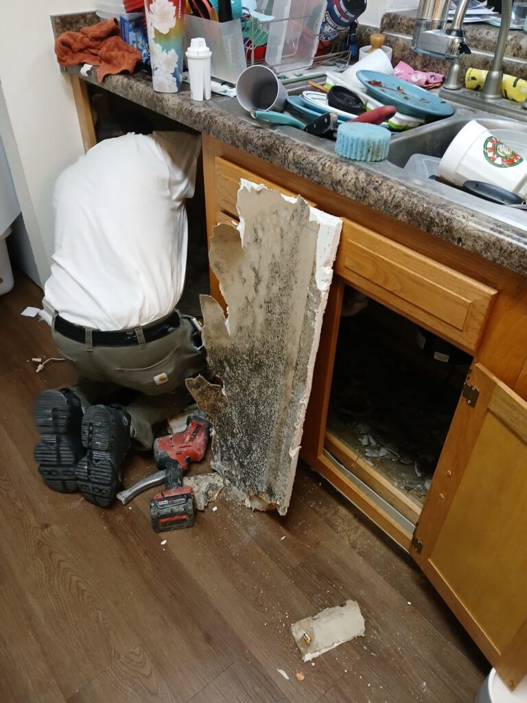 AY Remodeling technician removing mold-damaged drywall under apartment kitchen sink during remediation in Indianapolis, Indiana.