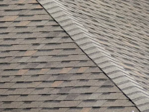 Close-up stock image of asphalt shingle roof detail on residential home in Indiana