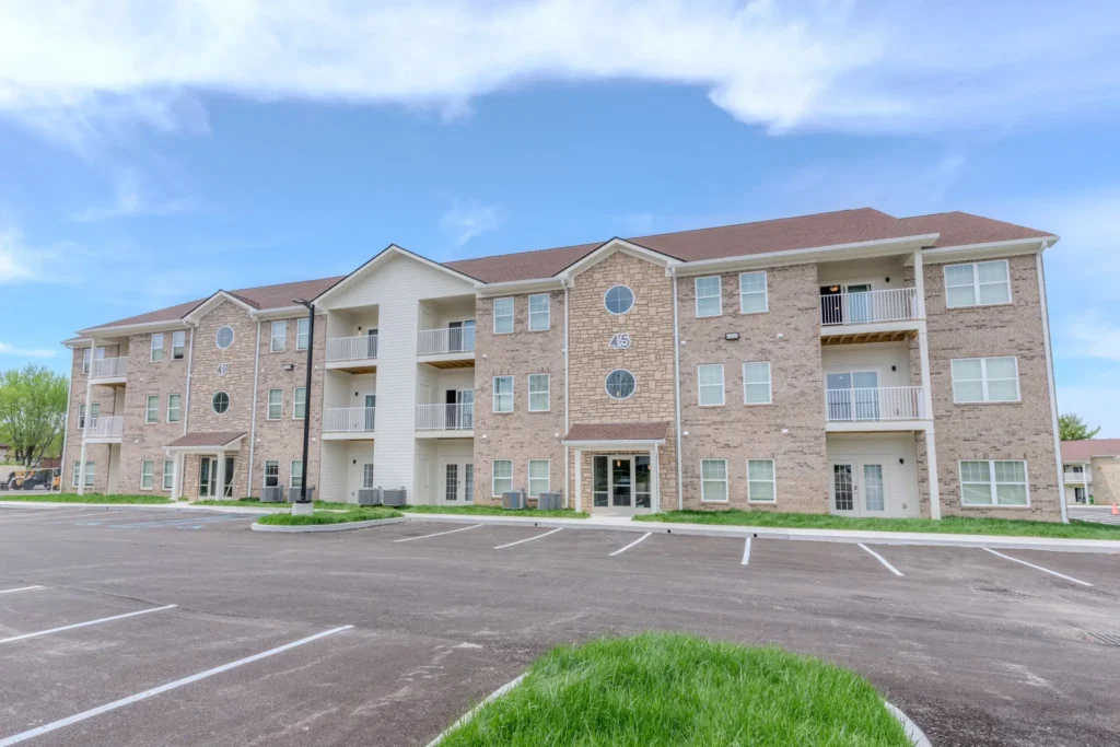Exterior view of Sandstone Apartments, a ground-up construction project in Greenwood, Indiana by AY Remodeling & Restoration
