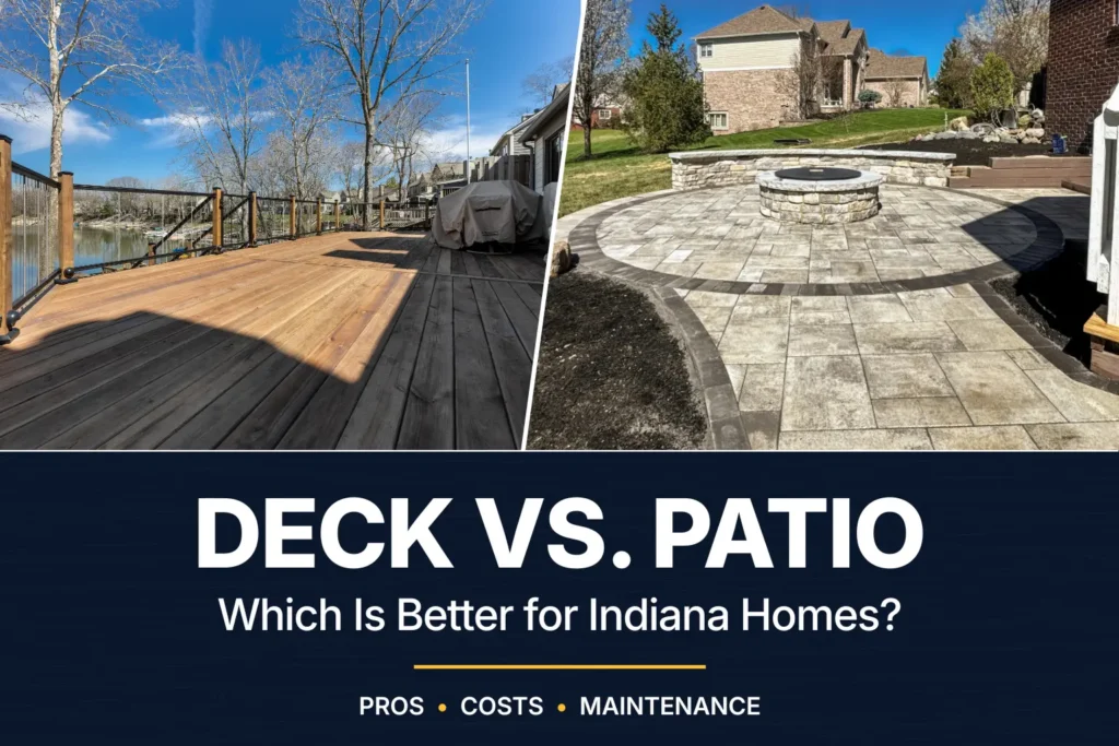 Deck vs. patio comparison showing a custom deck and paver patio outdoor living area at Indiana homes