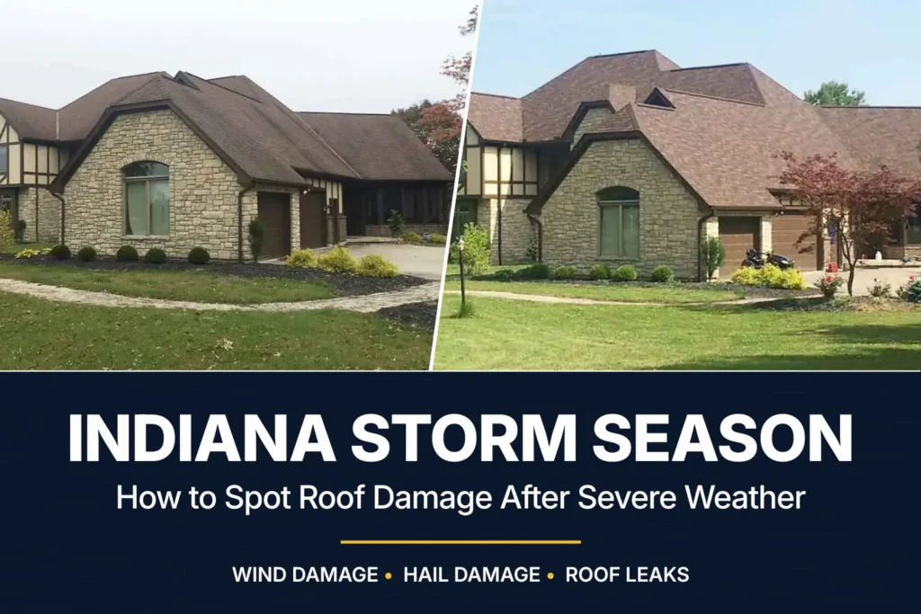 Before and after roof replacement project showing storm damage repairs by AY Remodeling & Restoration in Indiana