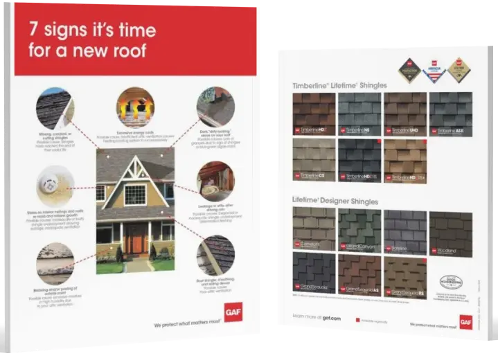 GAF roofing guide showing seven signs it may be time for a new roof and available shingle options