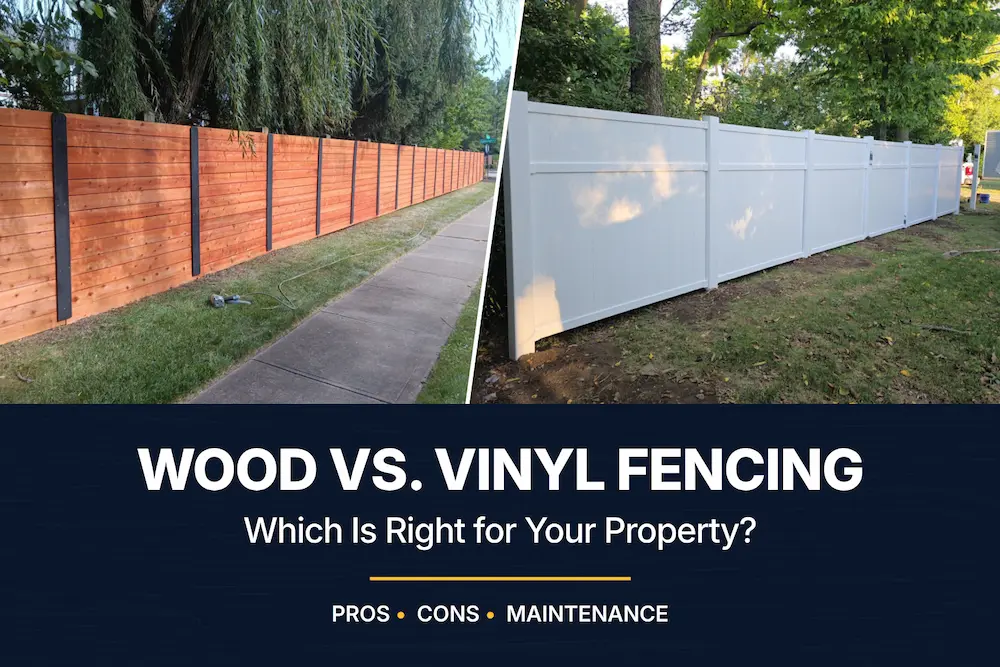 Side-by-side comparison of a wood privacy fence and a white vinyl privacy fence.