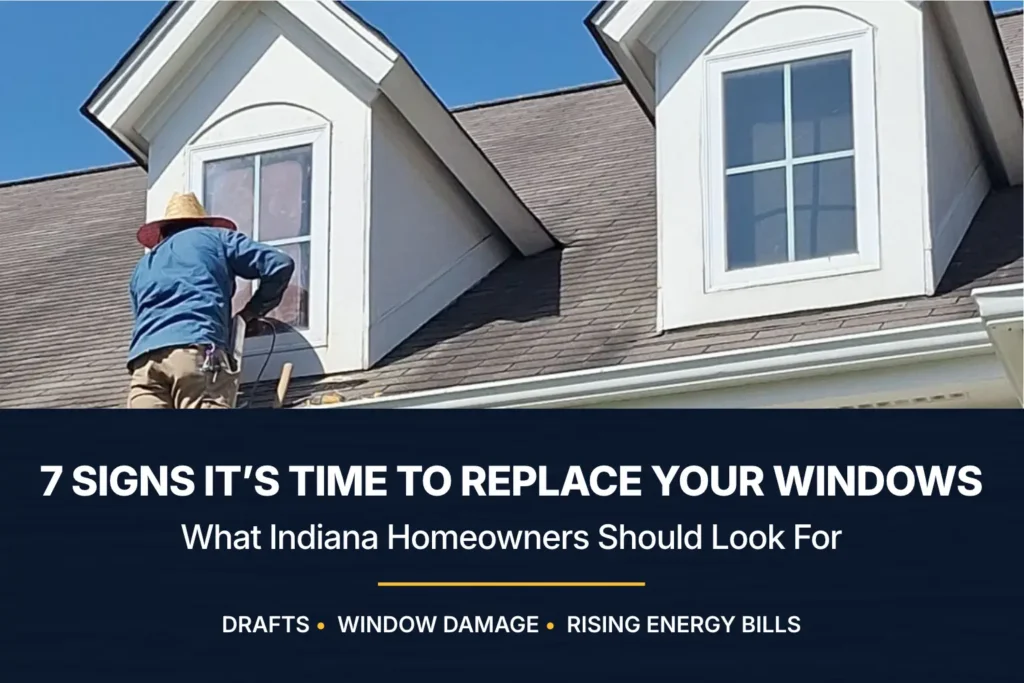Contractor working on an upper-story window with graphic listing signs it is time to replace your windows