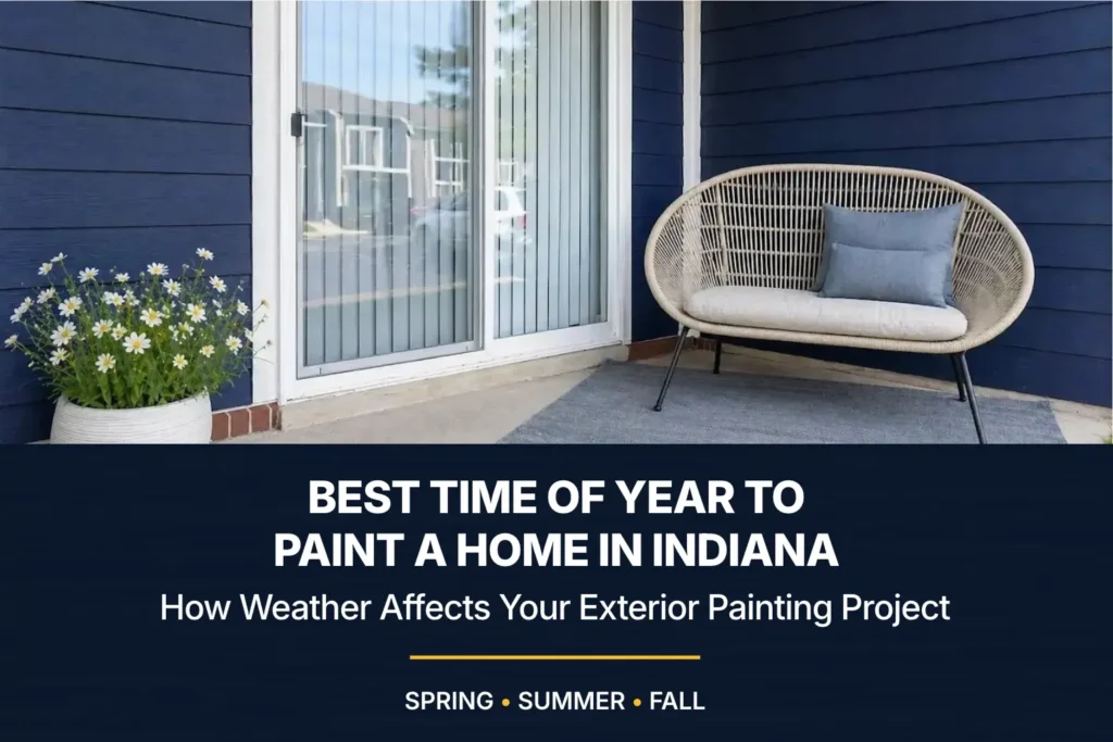 Patio with navy blue siding, a white sliding door, a wicker chair, and flowers, beneath a graphic titled “Best Time of Year to Paint a Home in Indiana.”