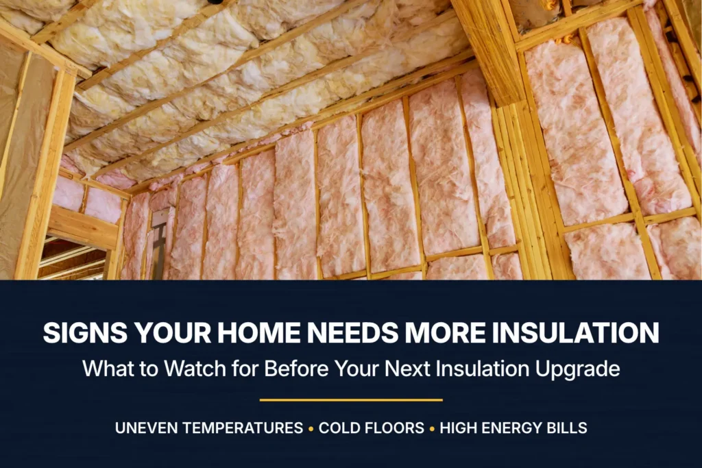 Fiberglass insulation between exposed wall studs and ceiling joists with the heading “Signs Your Home Needs More Insulation.”