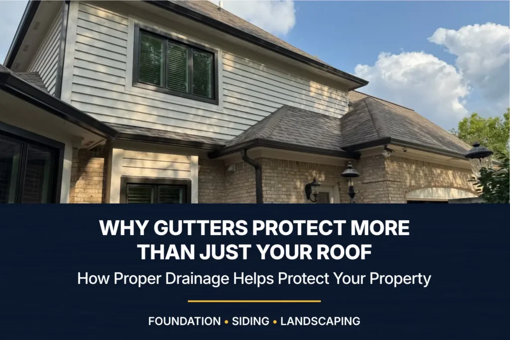 Completed dark gutters and downspouts installed on a two-story Carmel, Indiana home