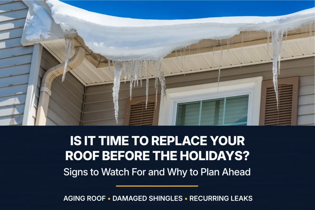 Snow-covered roof with icicles and the heading “Is It Time to Replace Your Roof Before the Holidays?”