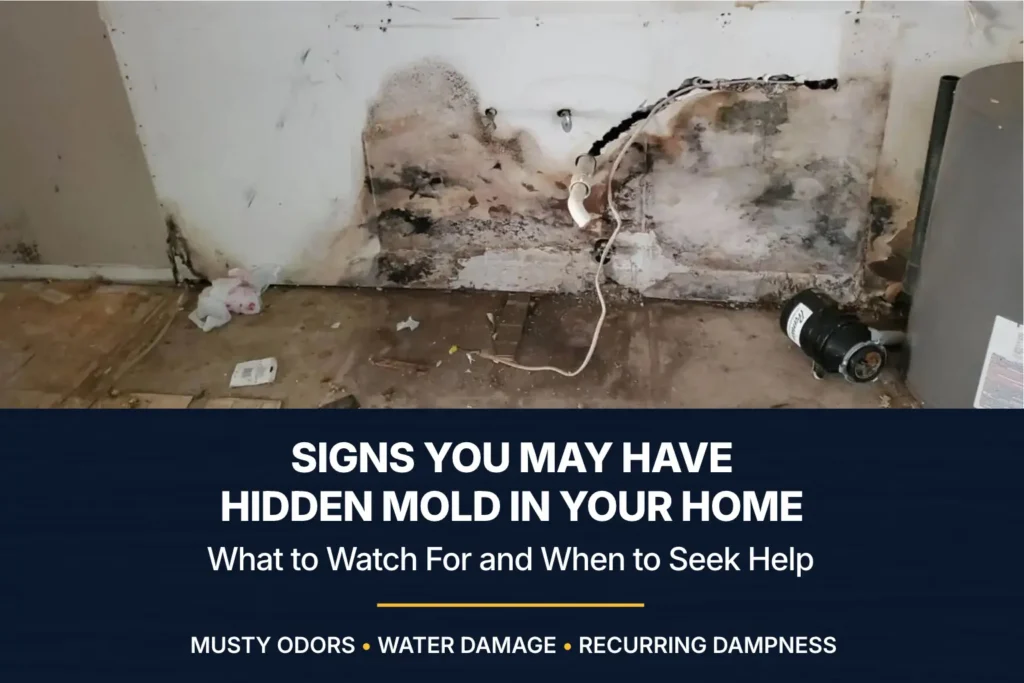 Mold growth and water-damaged drywall around exposed plumbing, with the title “Signs You May Have Hidden Mold in Your Home.”