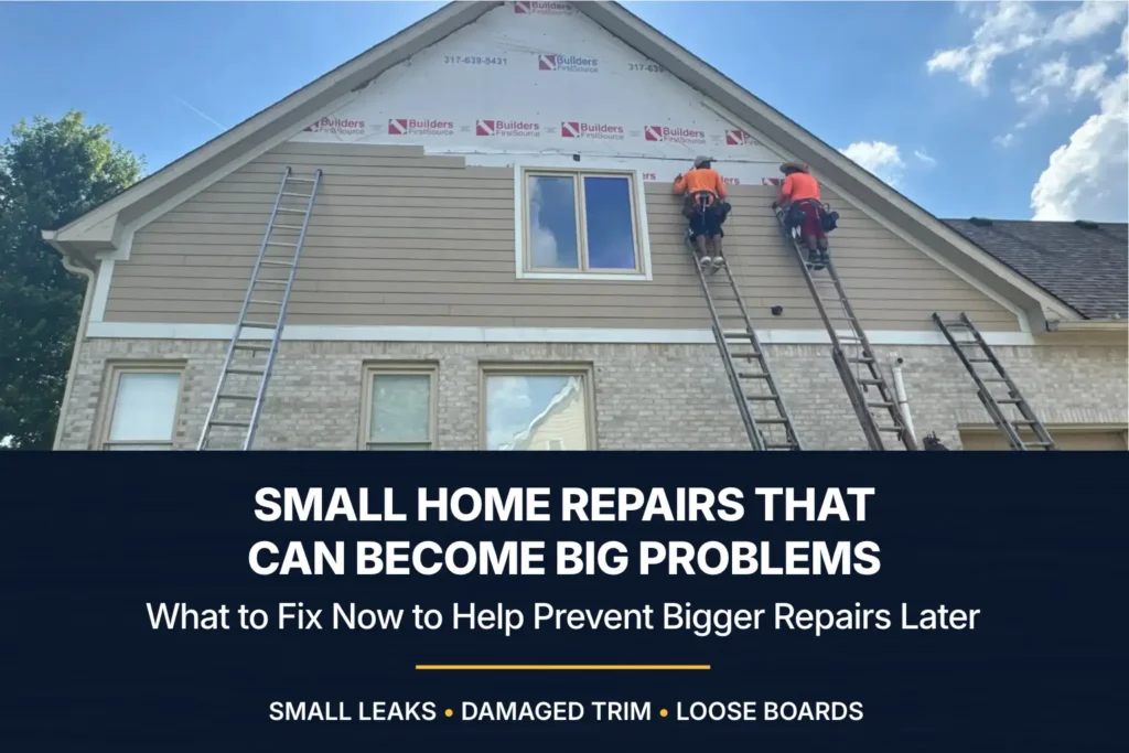 Workers installing siding on a home’s upper exterior, with text reading “Small Home Repairs That Can Become Big Problems.”