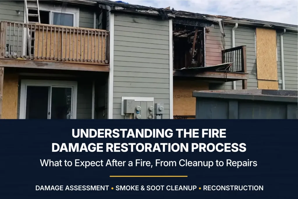 Fire-damaged apartment building with charred roofing and boarded openings, with text highlighting damage assessment, smoke and soot cleanup, and reconstruction.