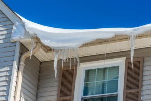 Snow covering a home’s roof with long icicles hanging from the gutters above a window.